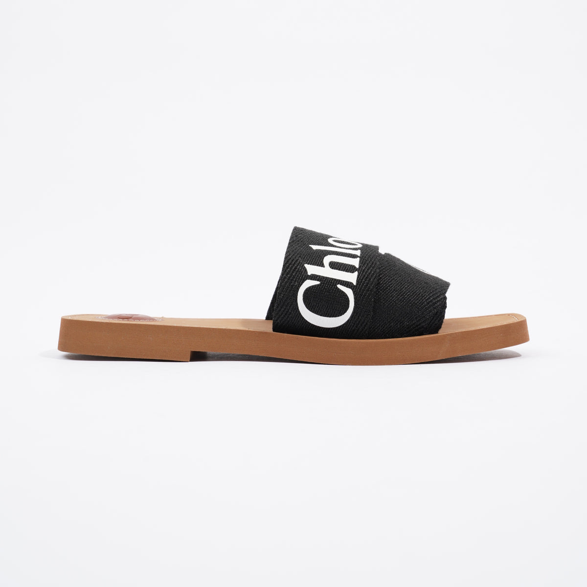 Chloe Woody Flat Mule Black Logo Brown Fabric EU 41 UK 8 Luxe