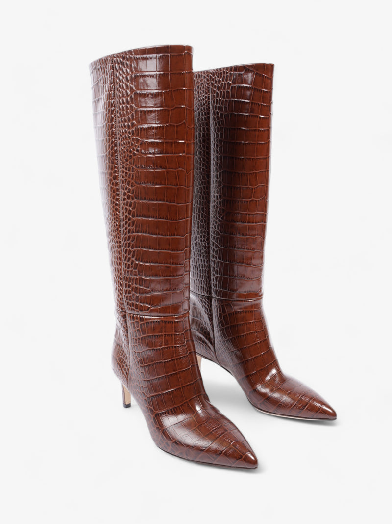  Stiletto Tall Boots 75mm Brown Croc Embossed Leather EU 38 UK 5