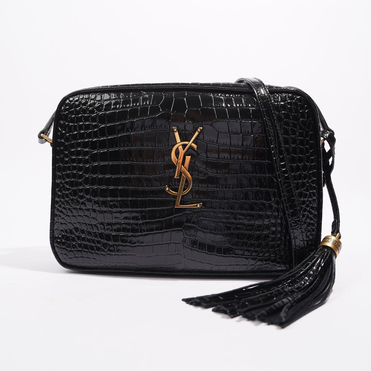 Saint Laurent Crocodile Embossed Lou Camera Bag in Black