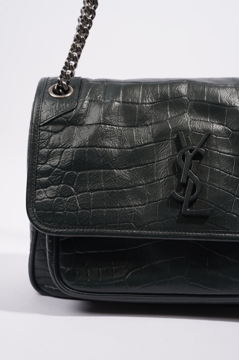 Saint Laurent Womens Niki Chain Bag Dark Green Croc Medium Luxe