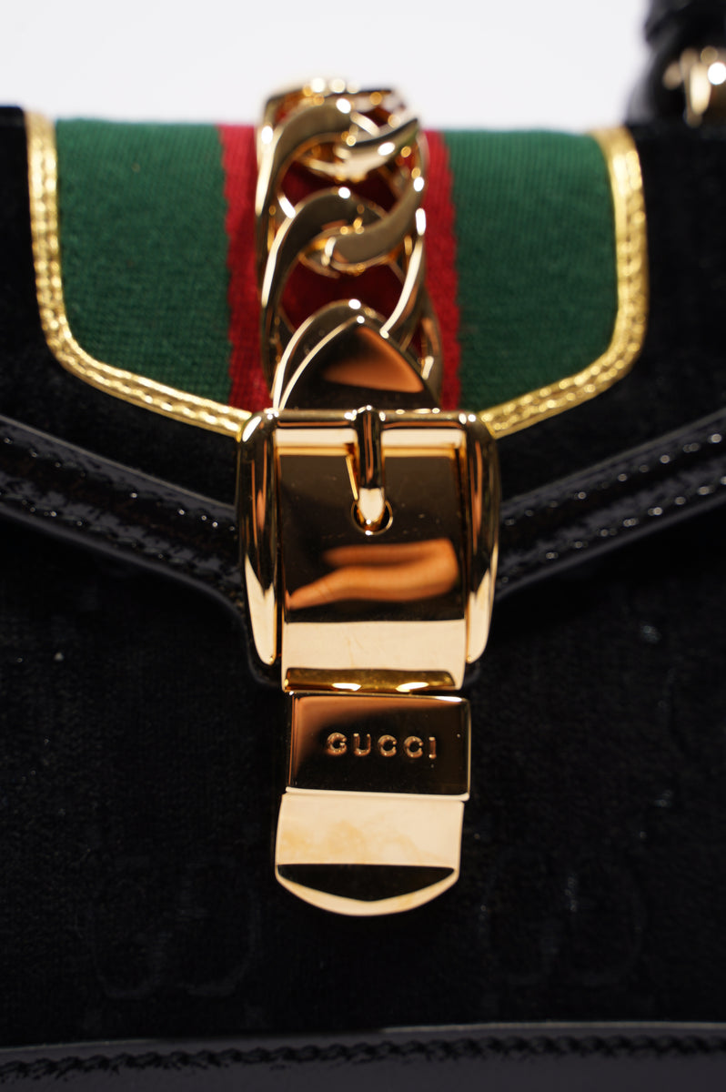 Gucci Womens Sylvie Mini Bag Black Velvet Green Red