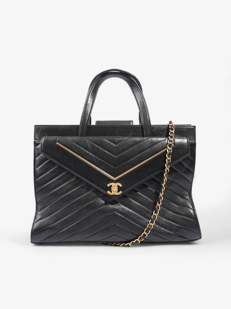  Chevron Quilted Tote Black Lambskin Leather Large