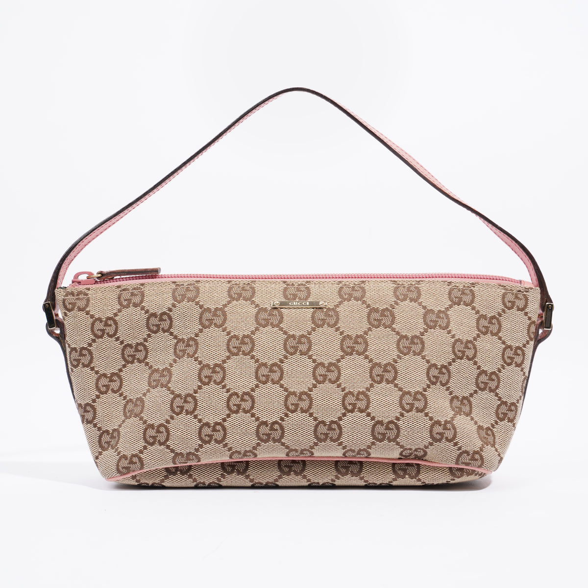 Gucci Boat Pochette Beige And Ebony GG Supreme Pink Canvas