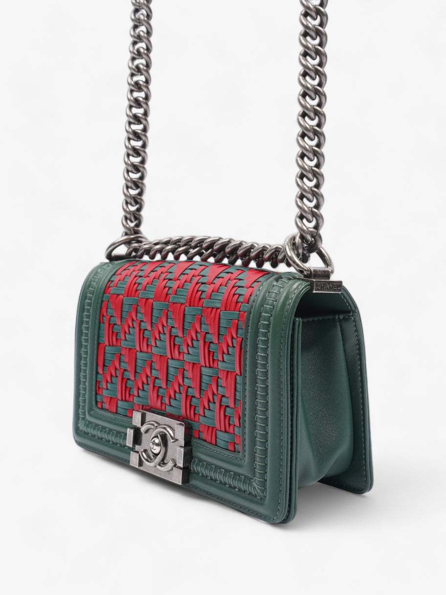 Boy Braided Fabric Flap Bag Green+ / Red Leather Image 13