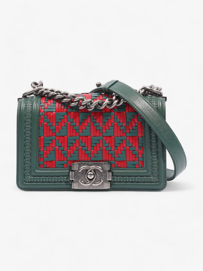  Boy Braided Fabric Flap Bag Green+ / Red Leather