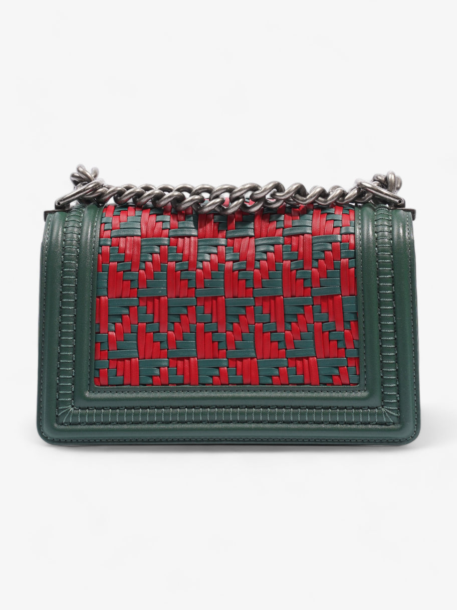 Boy Braided Fabric Flap Bag Green+ / Red Leather Image 5