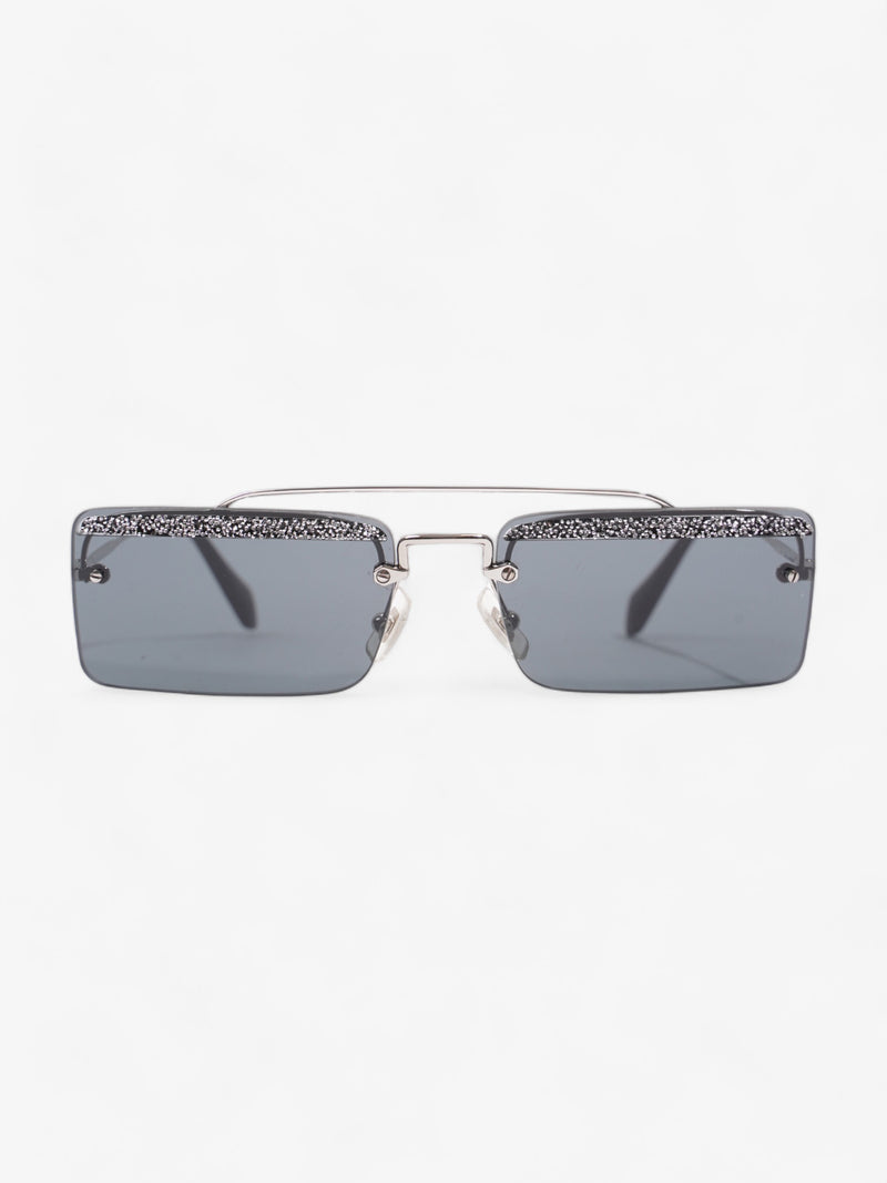  Crystal Embellished Rectangular Frame Sunglasses Black / Silver Acetate 58mm 18mm