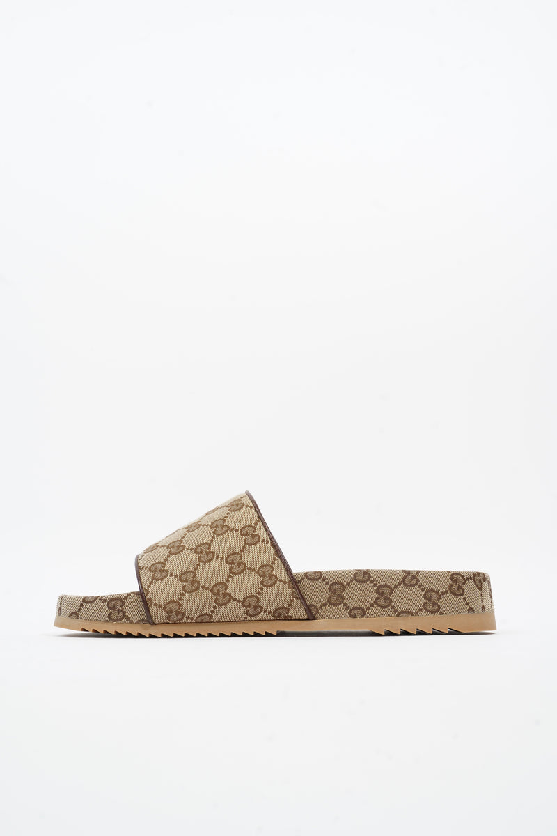 Gucci Sideline GG Slides Beige Brown Logo Print Canvas EU 45 UK