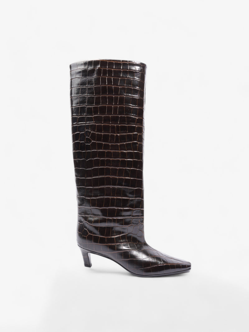  Croc-Effect Knee High Boots 40mm Dark Brown Leather EU 37 UK 4