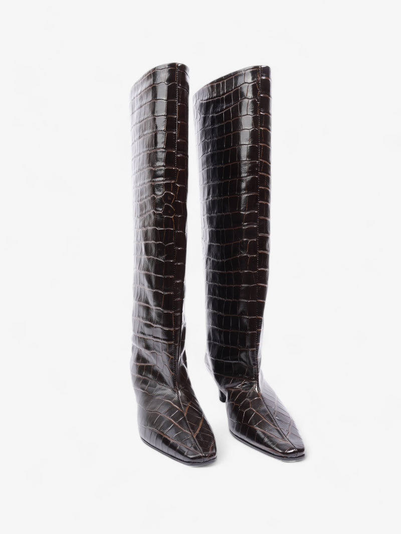  Croc-Effect Knee High Boots 40mm Dark Brown Leather EU 37 UK 4