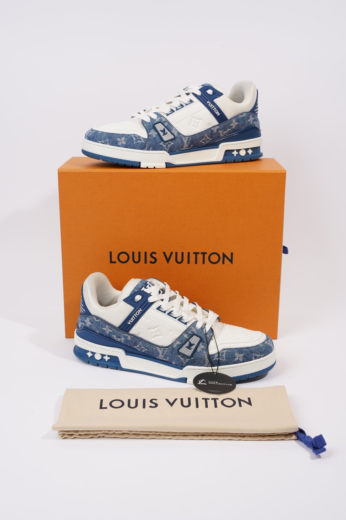 Louis Vuitton LV Trainer Denim White / Blue Denim Leather EU 44 Uk 10  ref.1061824 - Joli Closet