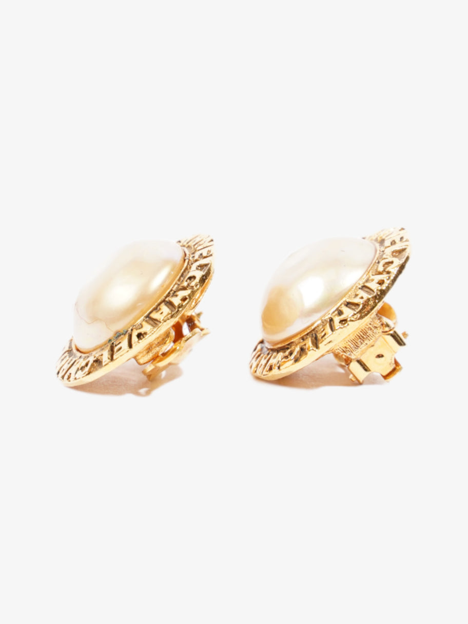 Logo Pearl Earrings Gold Base Metal Image 2