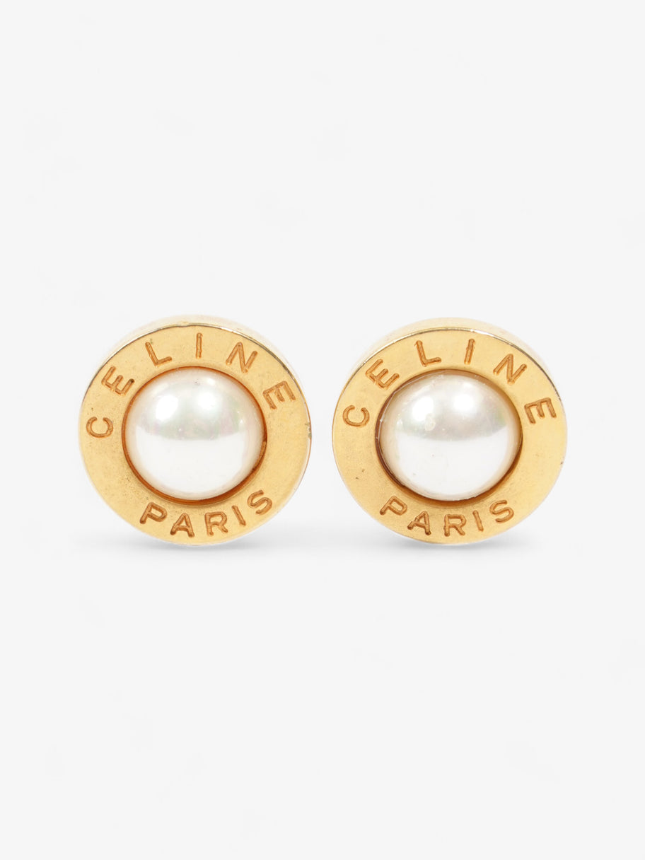 Celine Logo Pearl Clip On Earrings Gold Base Metal Image 1