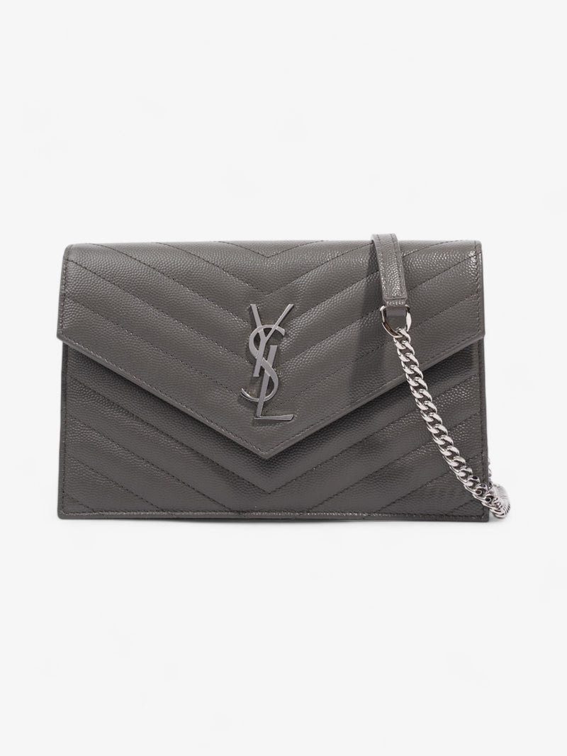  Saint Laurent Cassandre Envelope Chain Wallet Grey Grained Leather