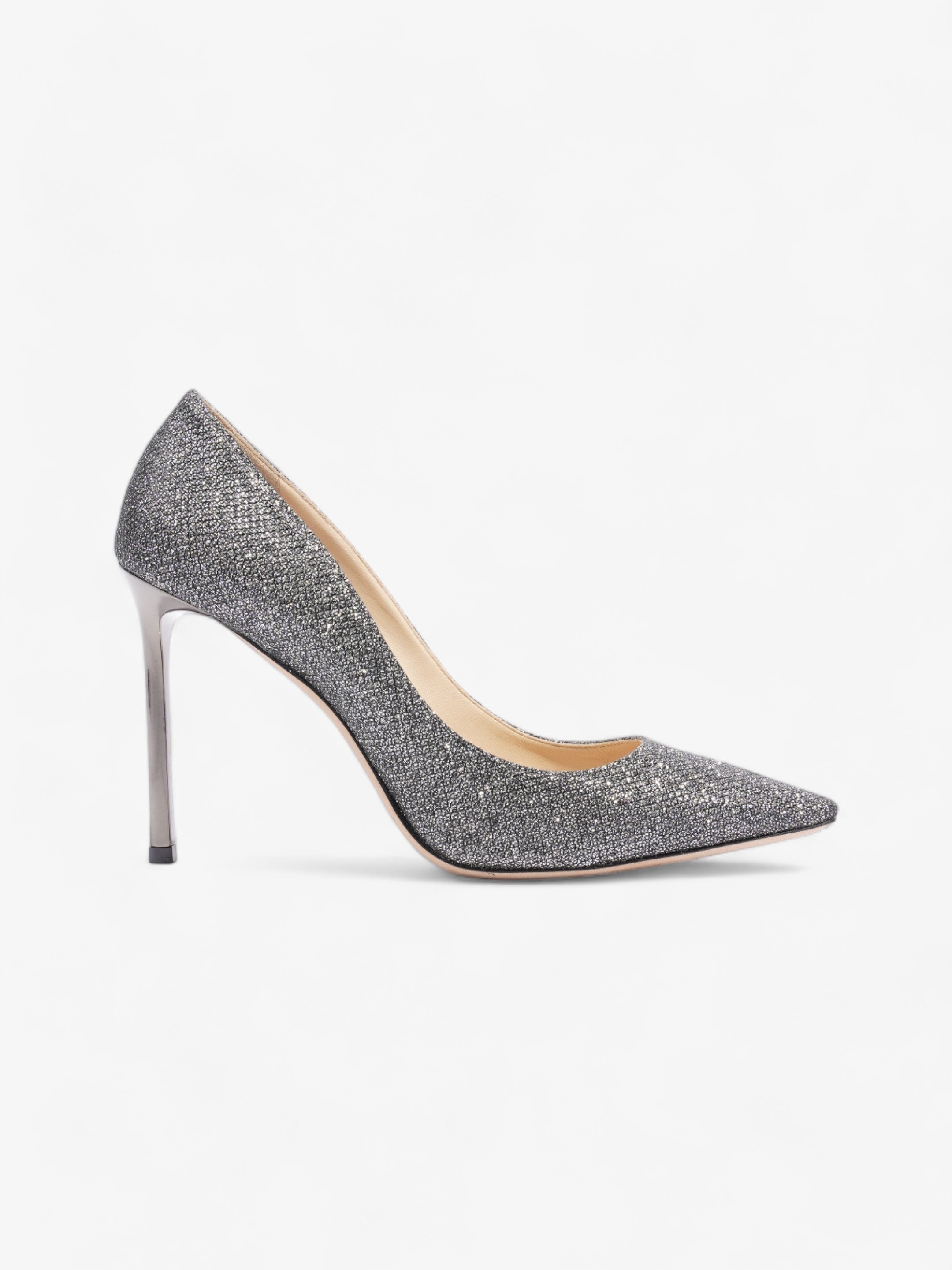 Jimmy Choo Romy Heels 100mm Silver Glitter EU 39 UK 6 Luxe Collective