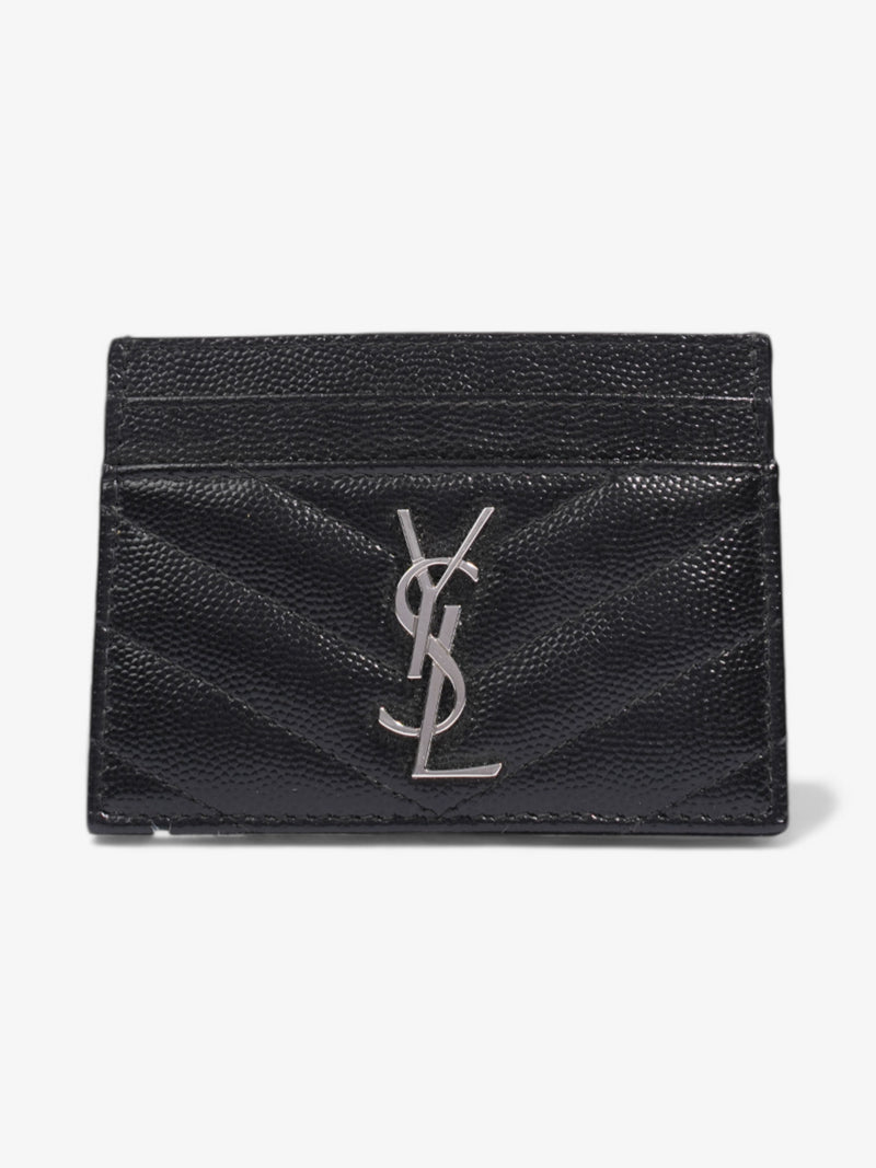  Saint Laurent Cassandre Card Holder Black / Silver Grained Leather