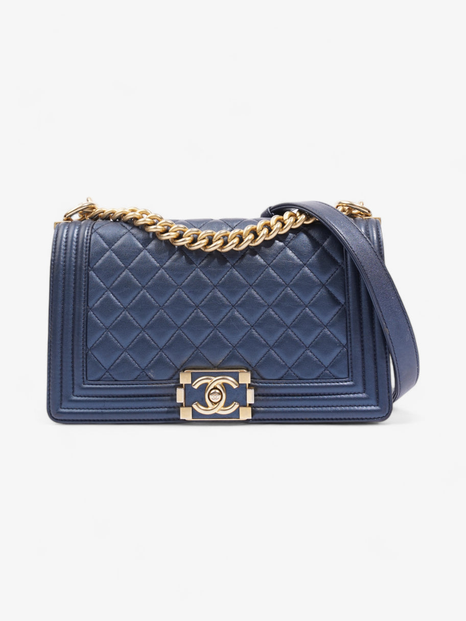 Chanel Boy Bag Navy Blue Lambskin Leather Medium Image 1