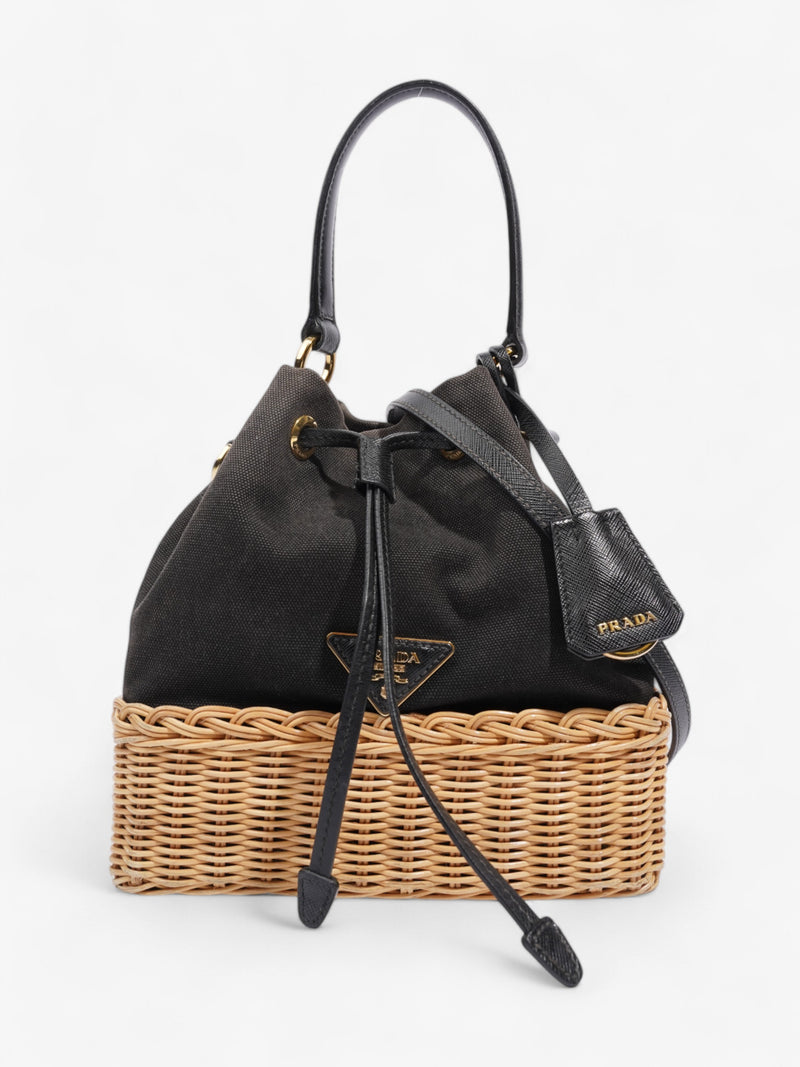  Prada Canvas and Wicker Drawstring Bucket Bag Black Cotton