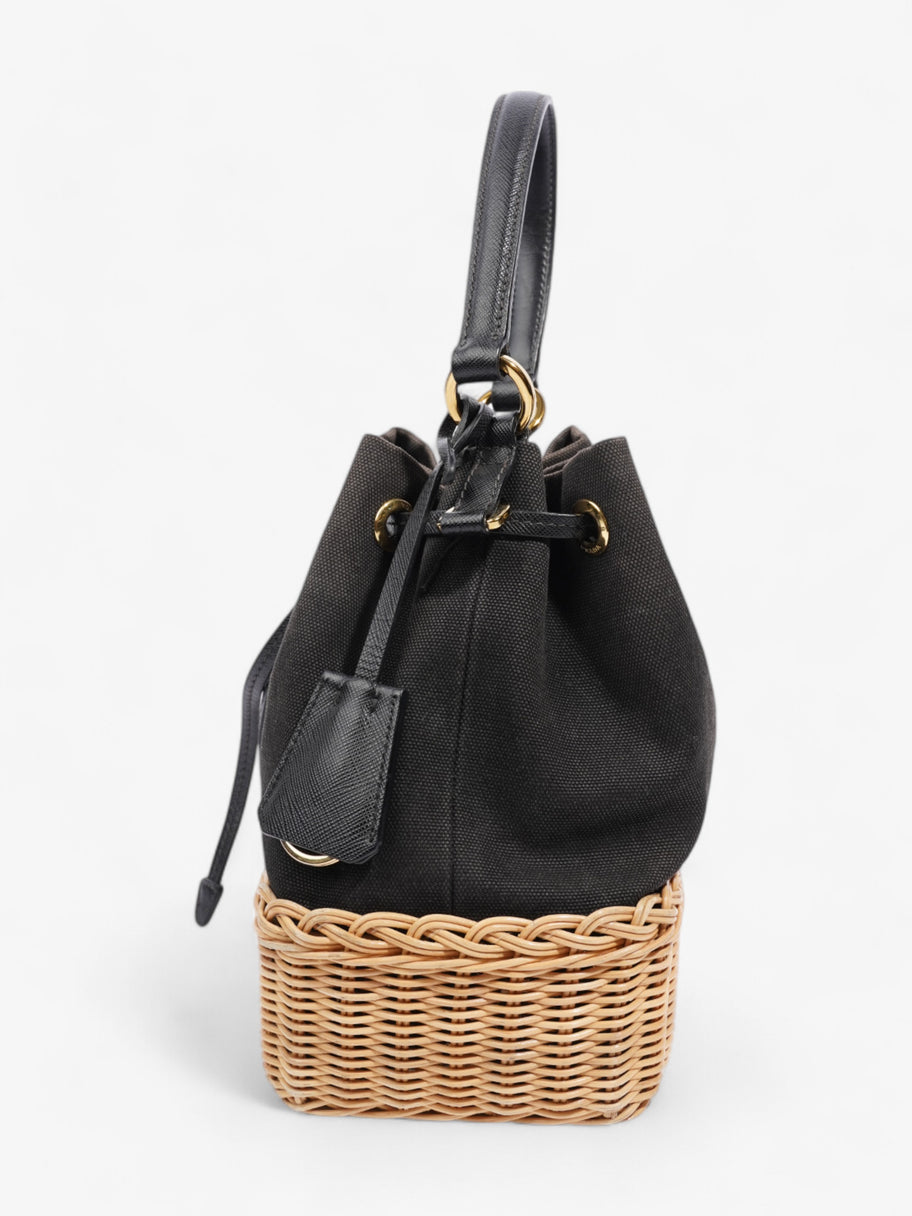 Prada Canvas and Wicker Drawstring Bucket Bag Black Cotton Image 3