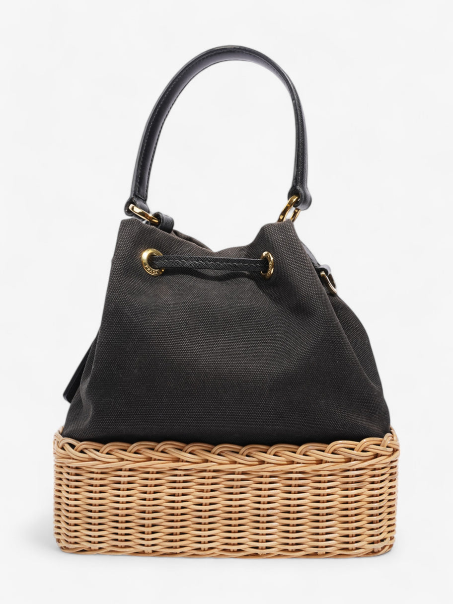 Prada Canvas and Wicker Drawstring Bucket Bag Black Cotton Image 4