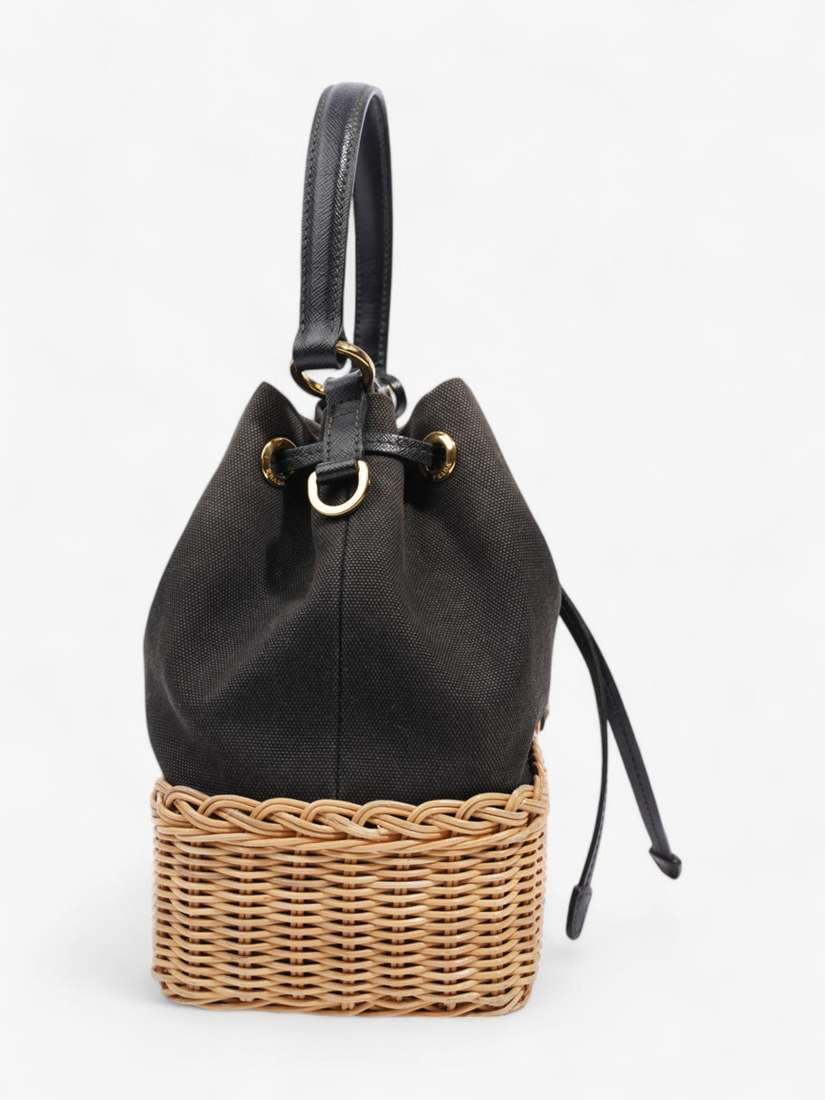 Prada Canvas and Wicker Drawstring Bucket Bag Black Cotton Image 5