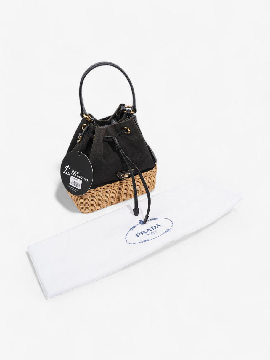 Prada Canvas and Wicker Drawstring Bucket Bag Black Cotton Image 9