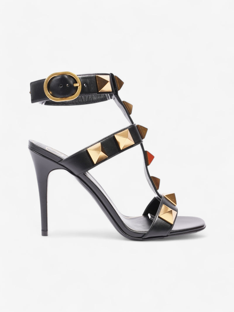  Valentino Roman Stud Ankle Strap Sandals 100 Black / Gold Leather EU 37 UK 4