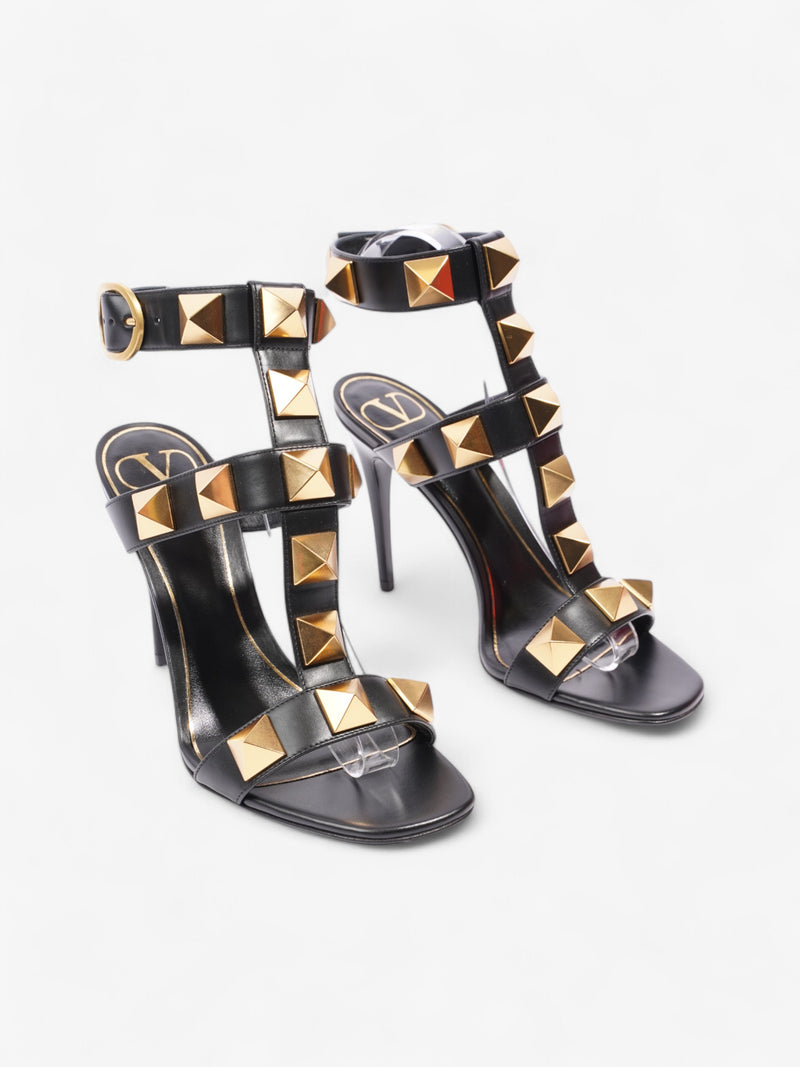  Valentino Roman Stud Ankle Strap Sandals 100 Black / Gold Leather EU 37 UK 4