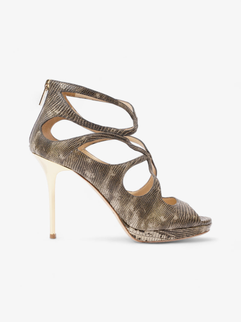  Jimmy Choo Heeled Sandals 115mm Python Print / Gold Embossed Leather EU 38 UK 5