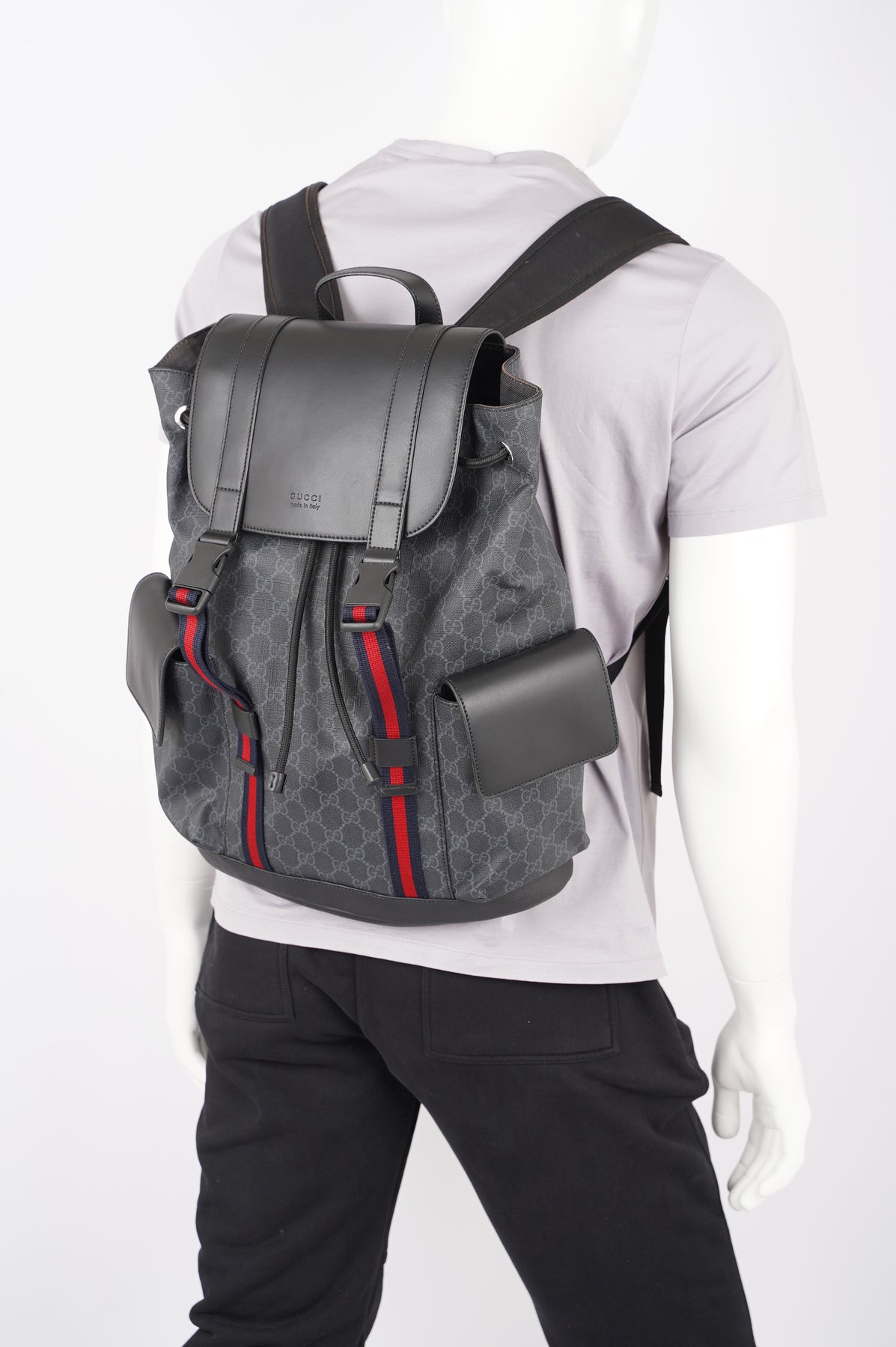 Gucci Mens GG Web Backpack Grey Canvas Luxe Collective