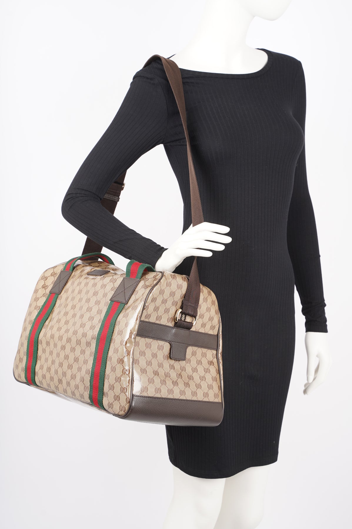 Gucci Black Pebbled Leather Boston Bag with Green Red Green Web