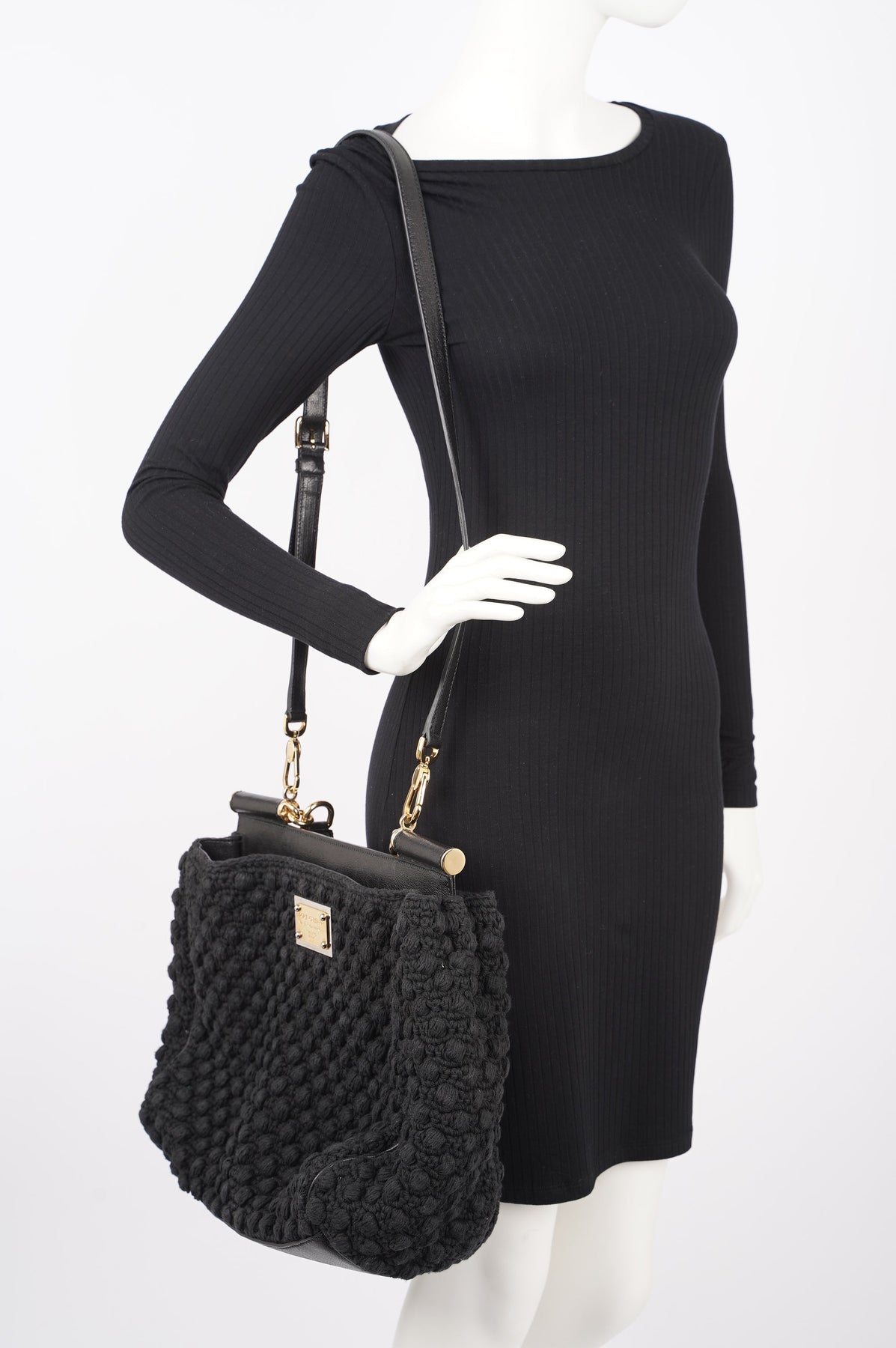 DOLCE & GABBANA MISS SICILY Black Knit Crochet over Suede Leather Hand Bag