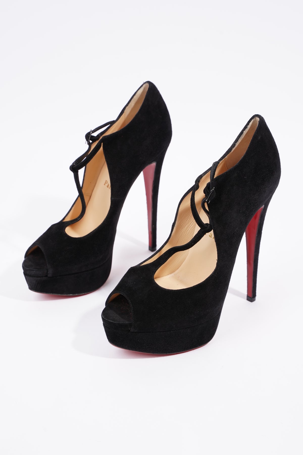 Christian Louboutin Black Suede Ruched Detail Drapadita Peep Toe Pumps Size  37.5 Christian Louboutin