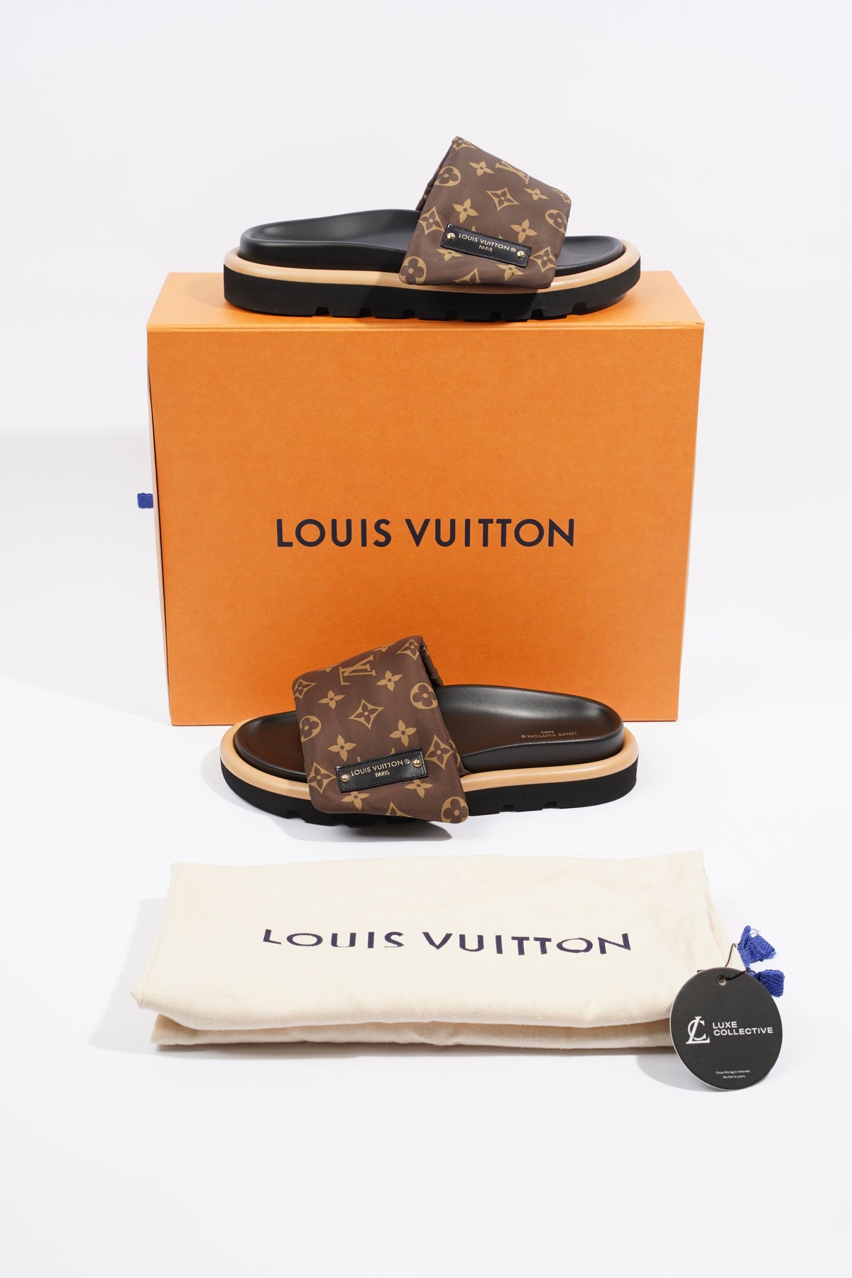 Louis Vuitton Pool Pillow Logo Embossed Leather Slides Eu 38 Uk 5