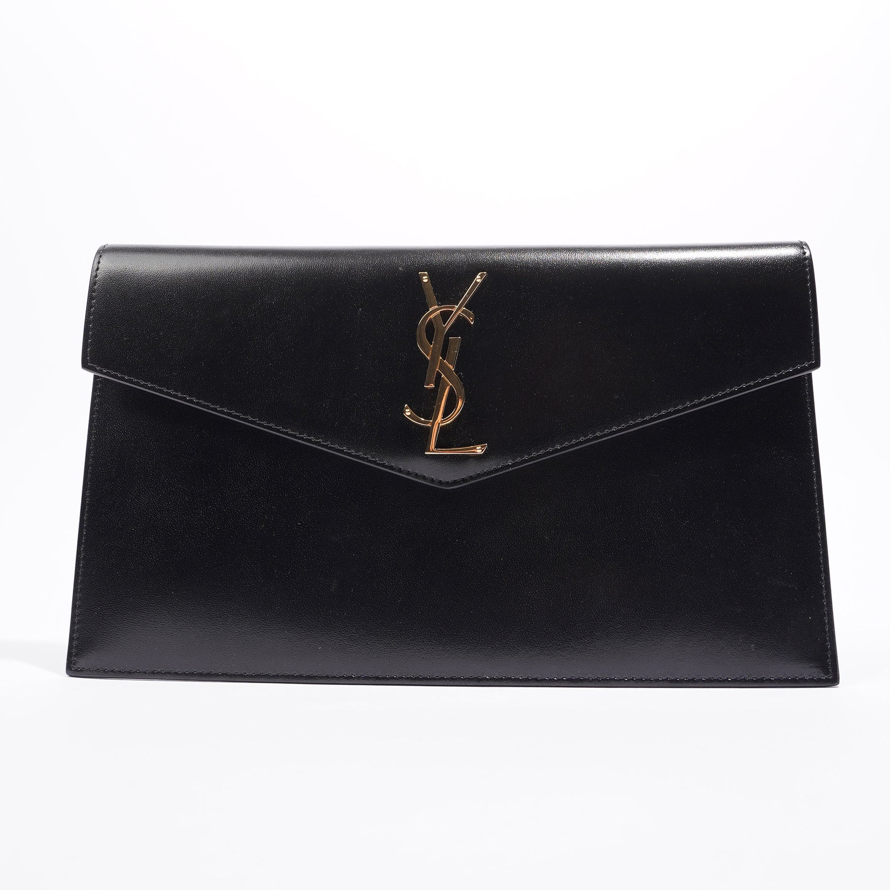 Authentic YSL Saint Laurent Uptown Pouch Clutch Purse Dark Beige Leather  Gold