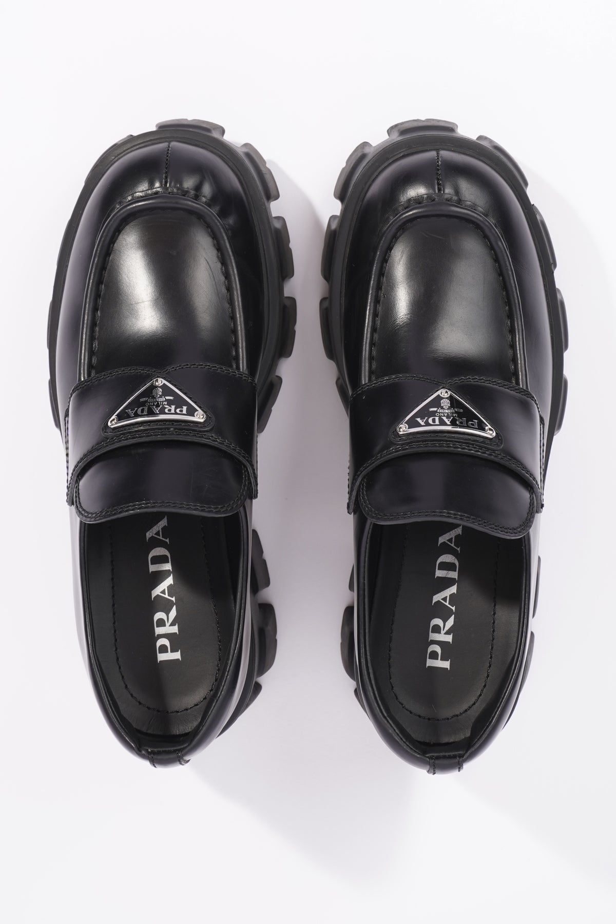 Prada Monolith 55mm Pointy Loafer Black Brushed Leather