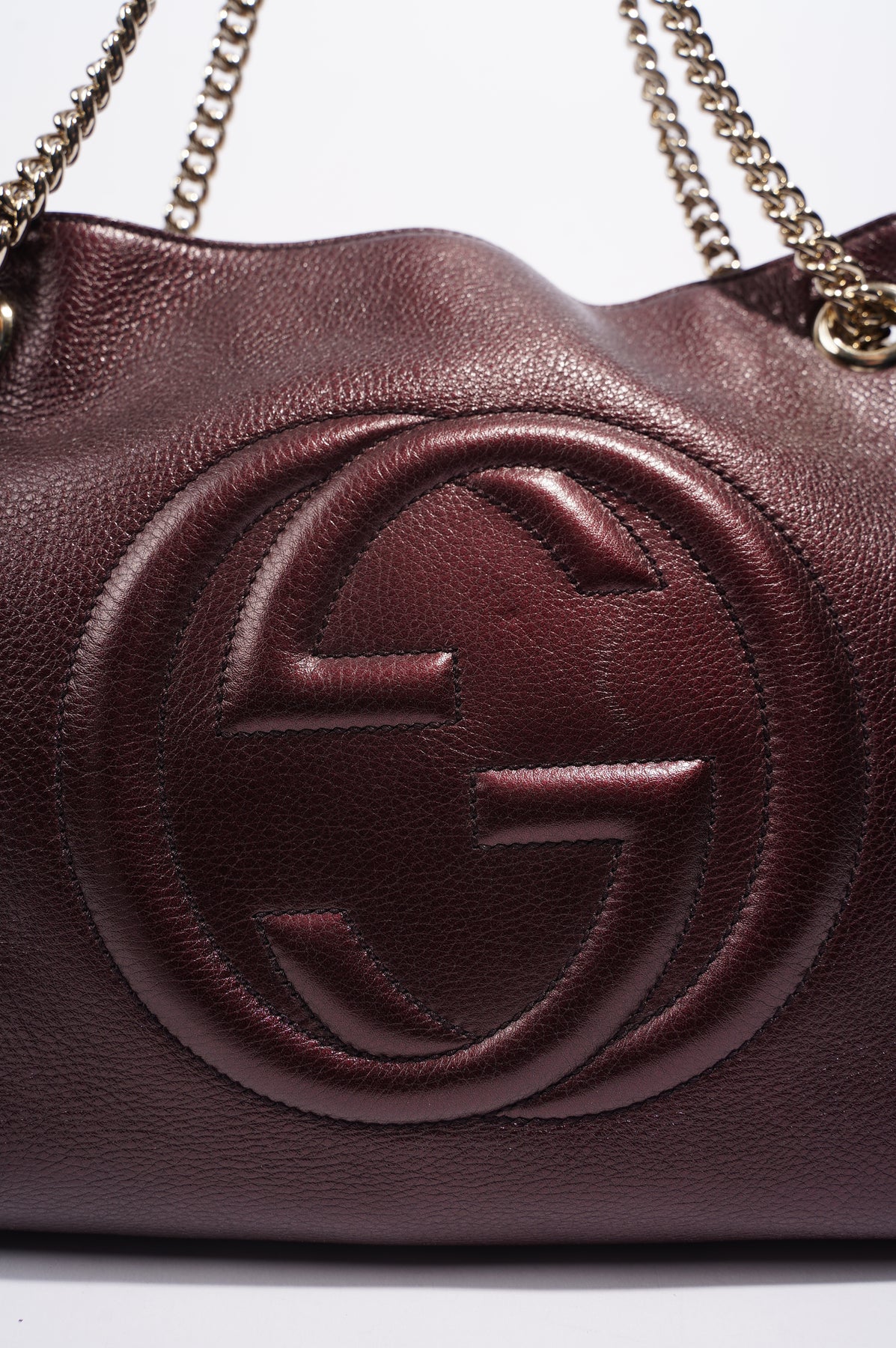 GUCCI PEBBLED CALFSKIN PURPLE SOHO CHAIN SHOULDER BAG MEDIUM