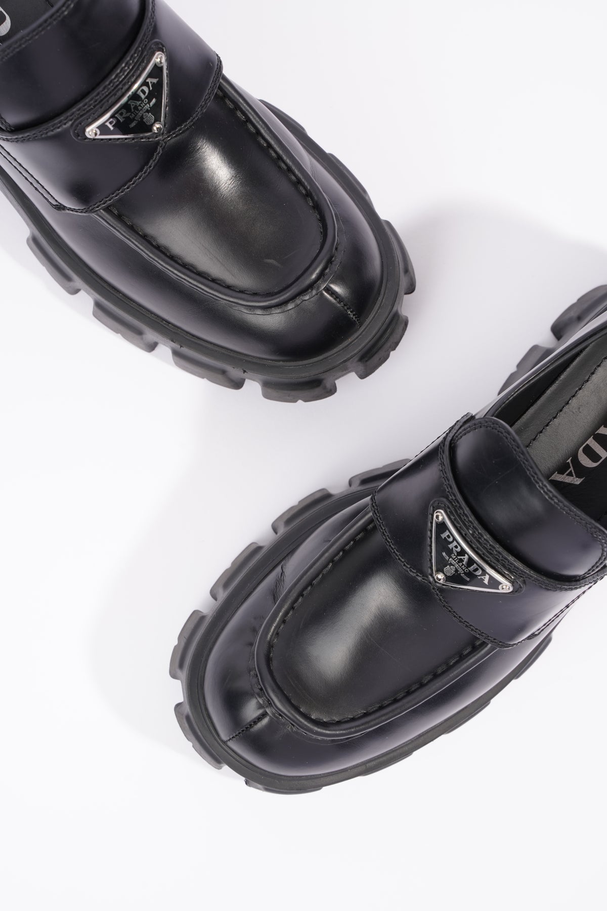 Prada Monolith 55mm Pointy Loafer Black Brushed Leather