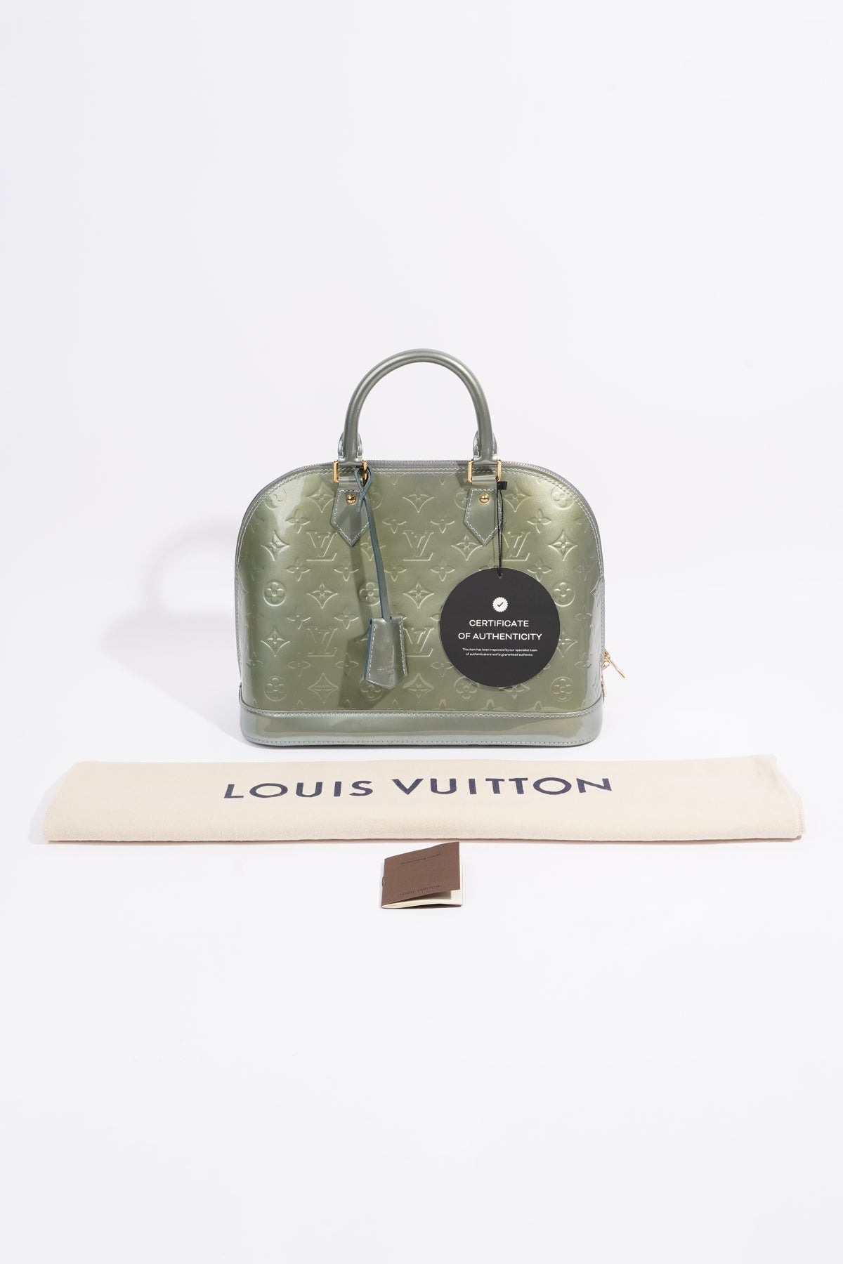 Authentic Louis Vuitton Beige Monogram Vernis Leather Alma PM Handbag