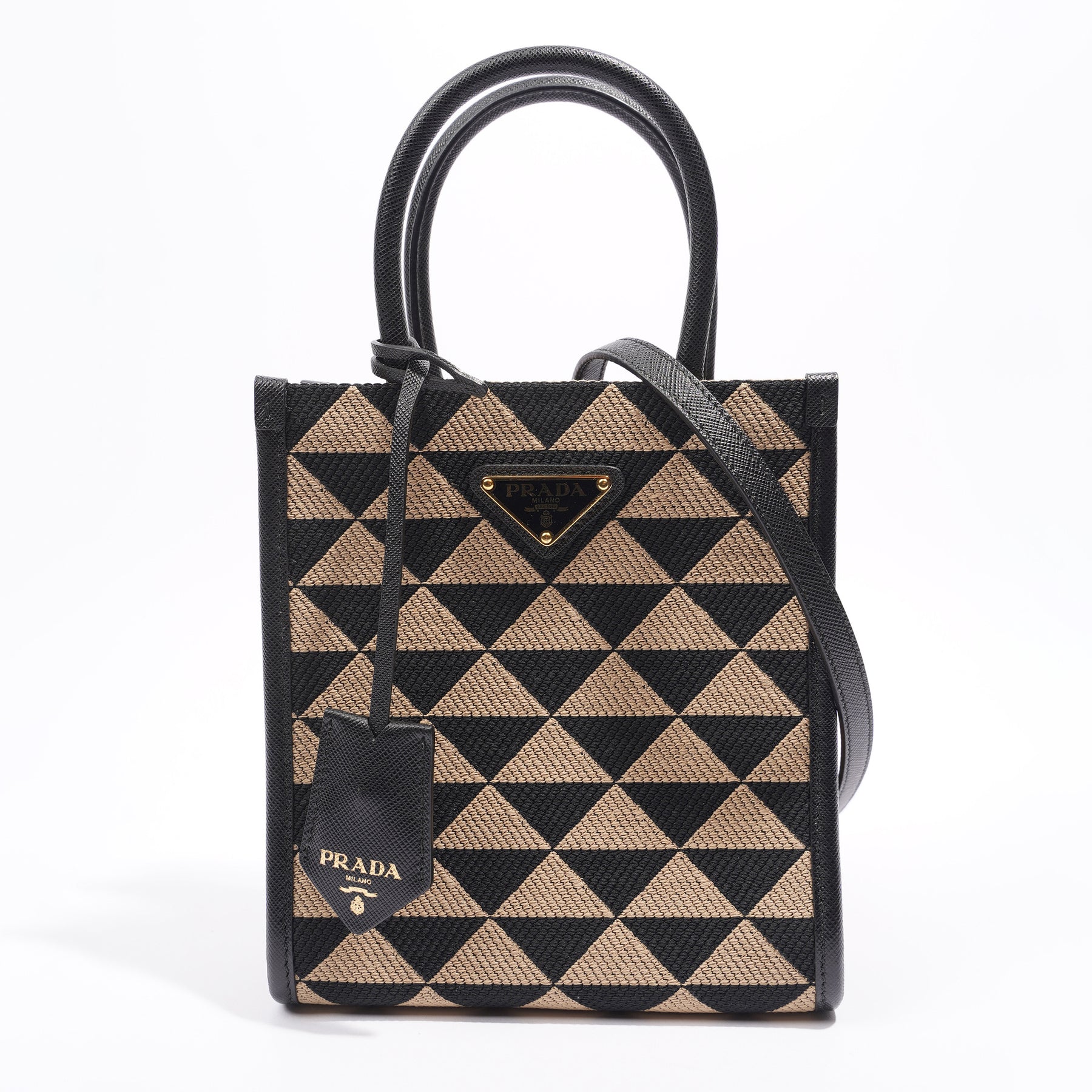 Prada Beige/Black Symbole Geometric Embroidered Canvas Large Tote Bag