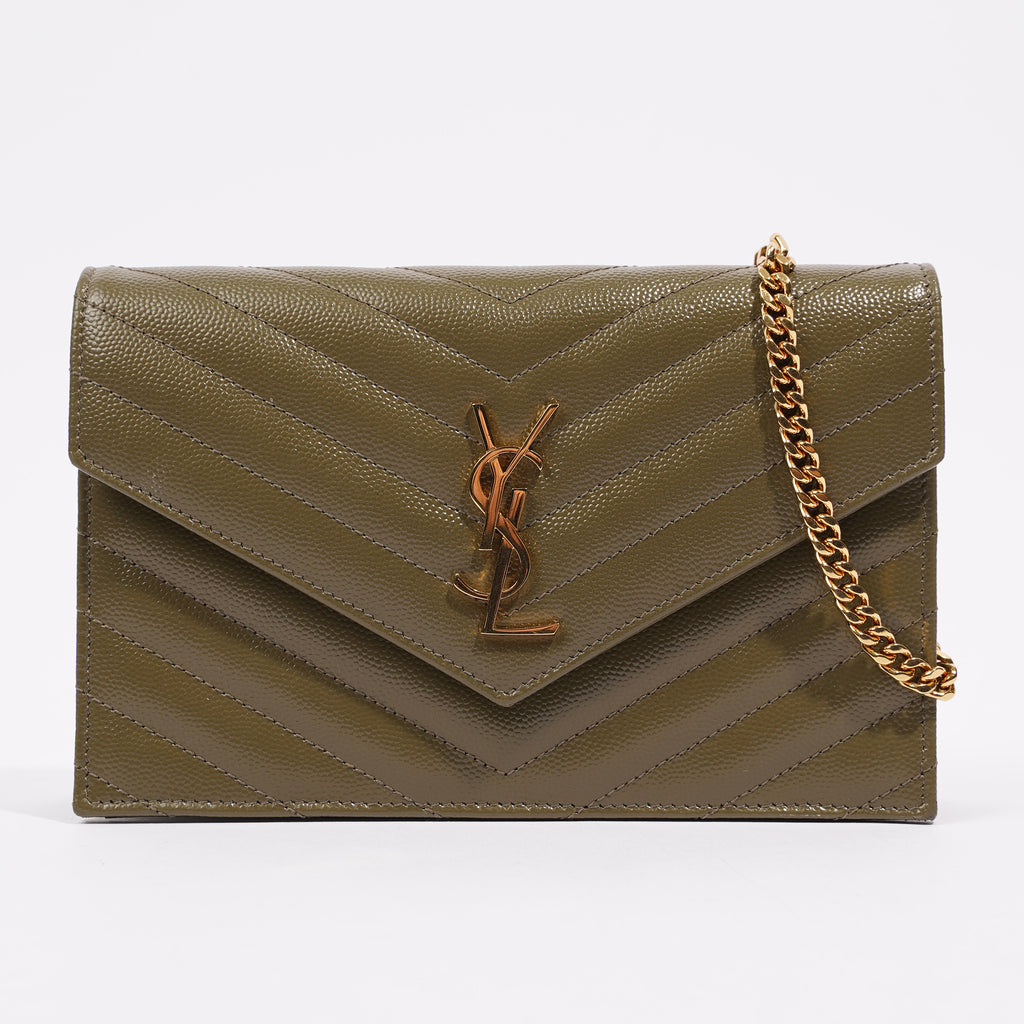 Saint Laurent Womens Cassandra Envelope Chain Wallet Khaki – Luxe Collective