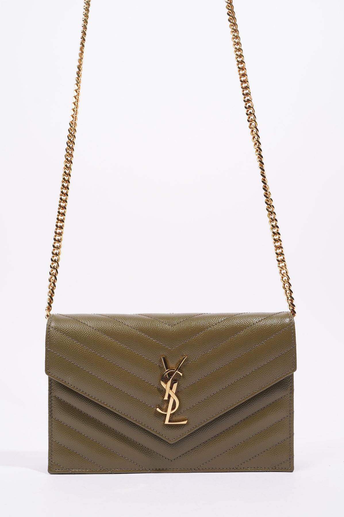 Saint Laurent Womens Cassandra Envelope Chain Wallet Khaki – Luxe Collective