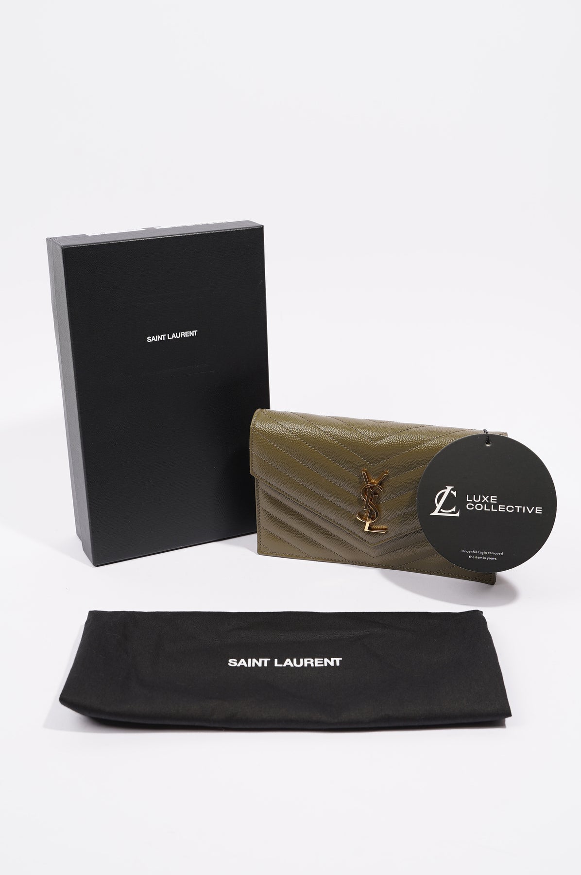 Saint Laurent Womens Cassandra Envelope Chain Wallet Khaki – Luxe Collective