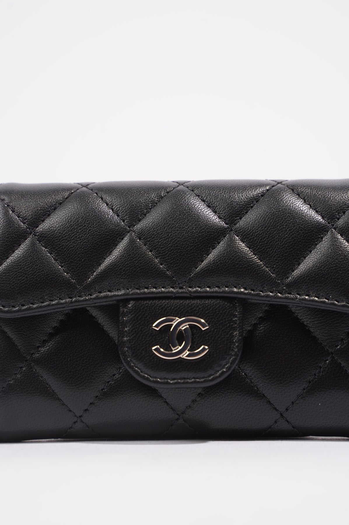 Chanel Womens Lambskin Quilted Flap Card Holder Black Leather