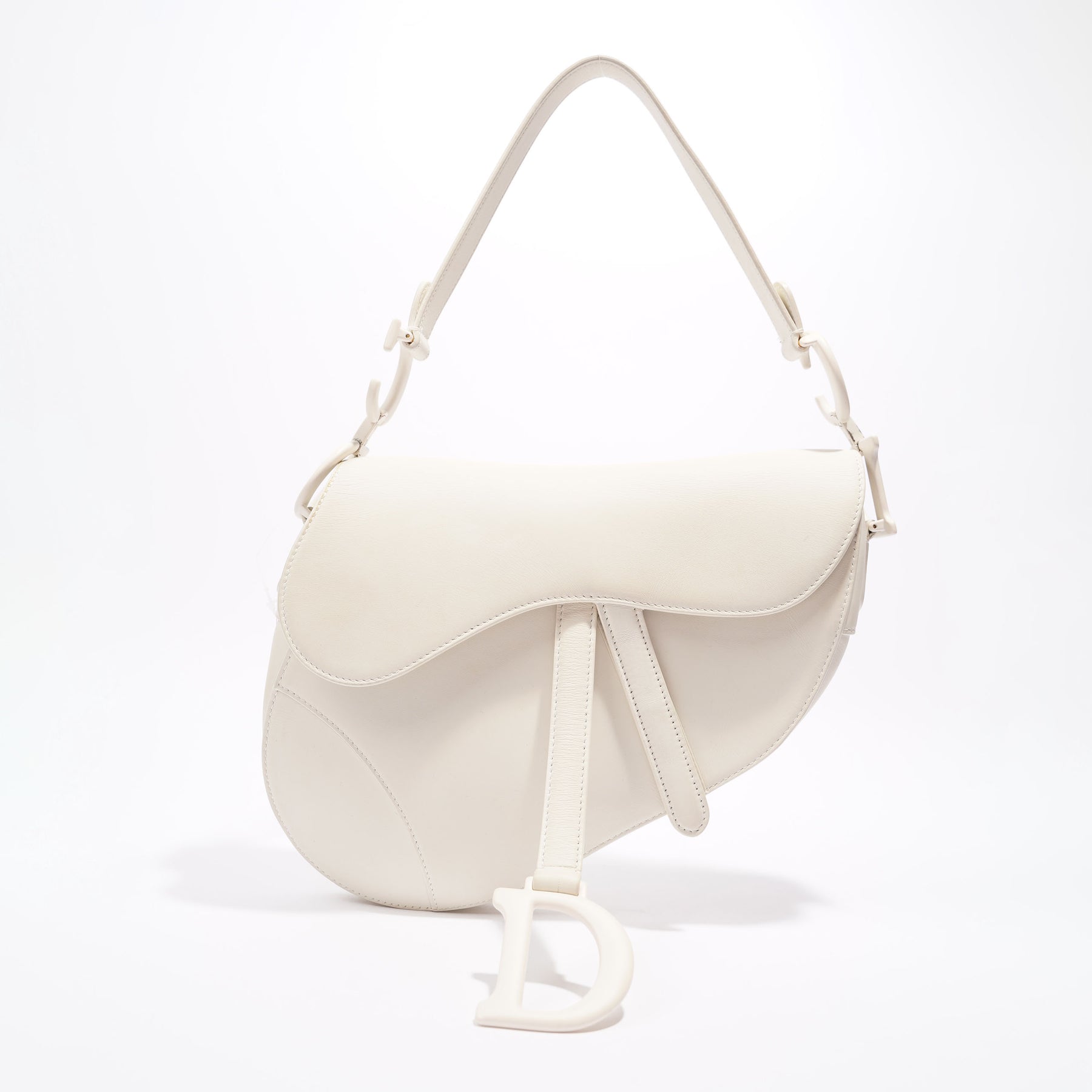 Christian Dior White Leather Saddle Bag with Silver D Charm