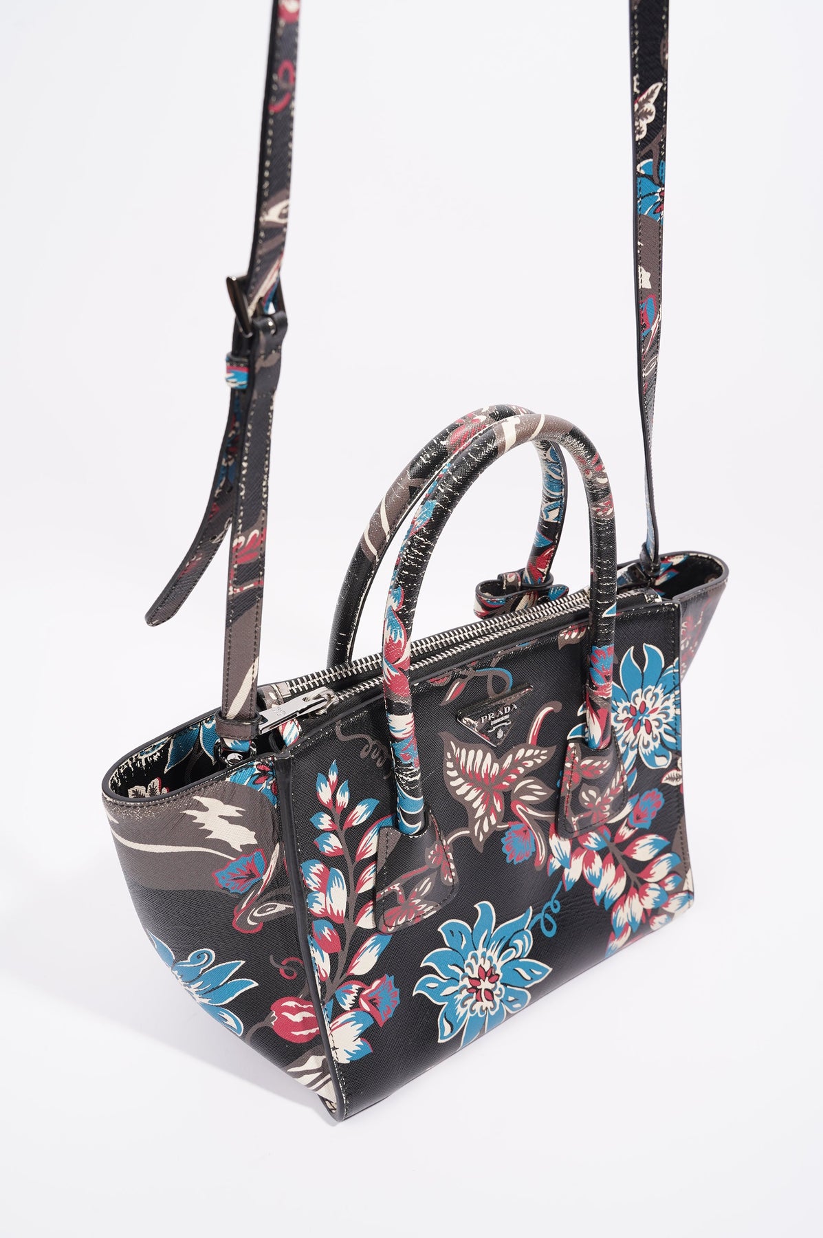 Prada Double Zip Tote Black Floral Print Leather Luxe Collective