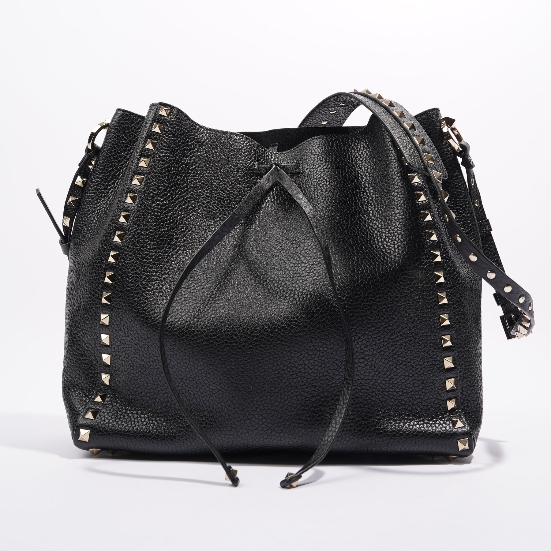 Valentino Rockstud Grainy Leather Bucket Bag - Black - Large