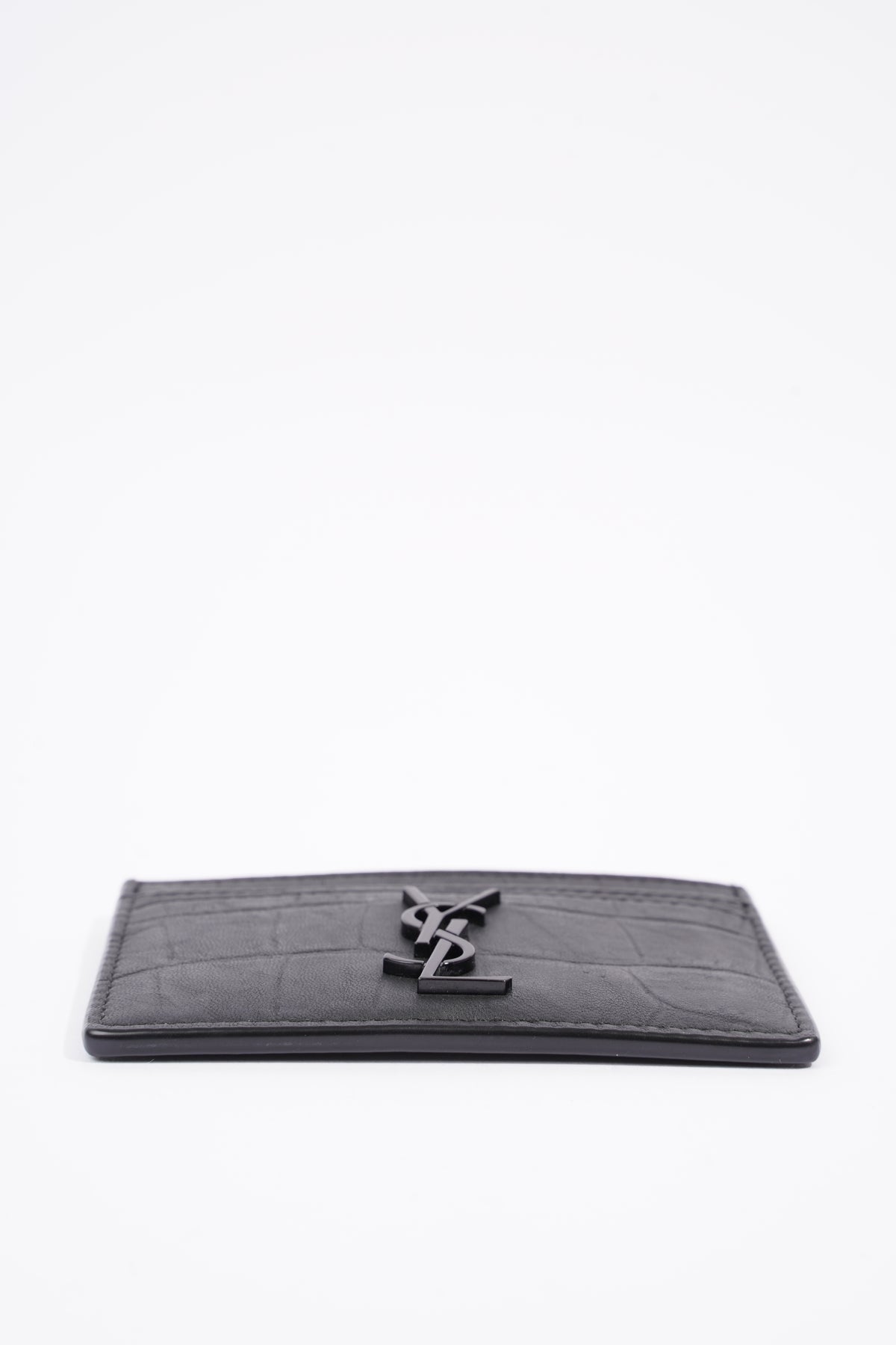 Saint Laurent YSL Monogram Croc-Embossed Leather Card Case, Black