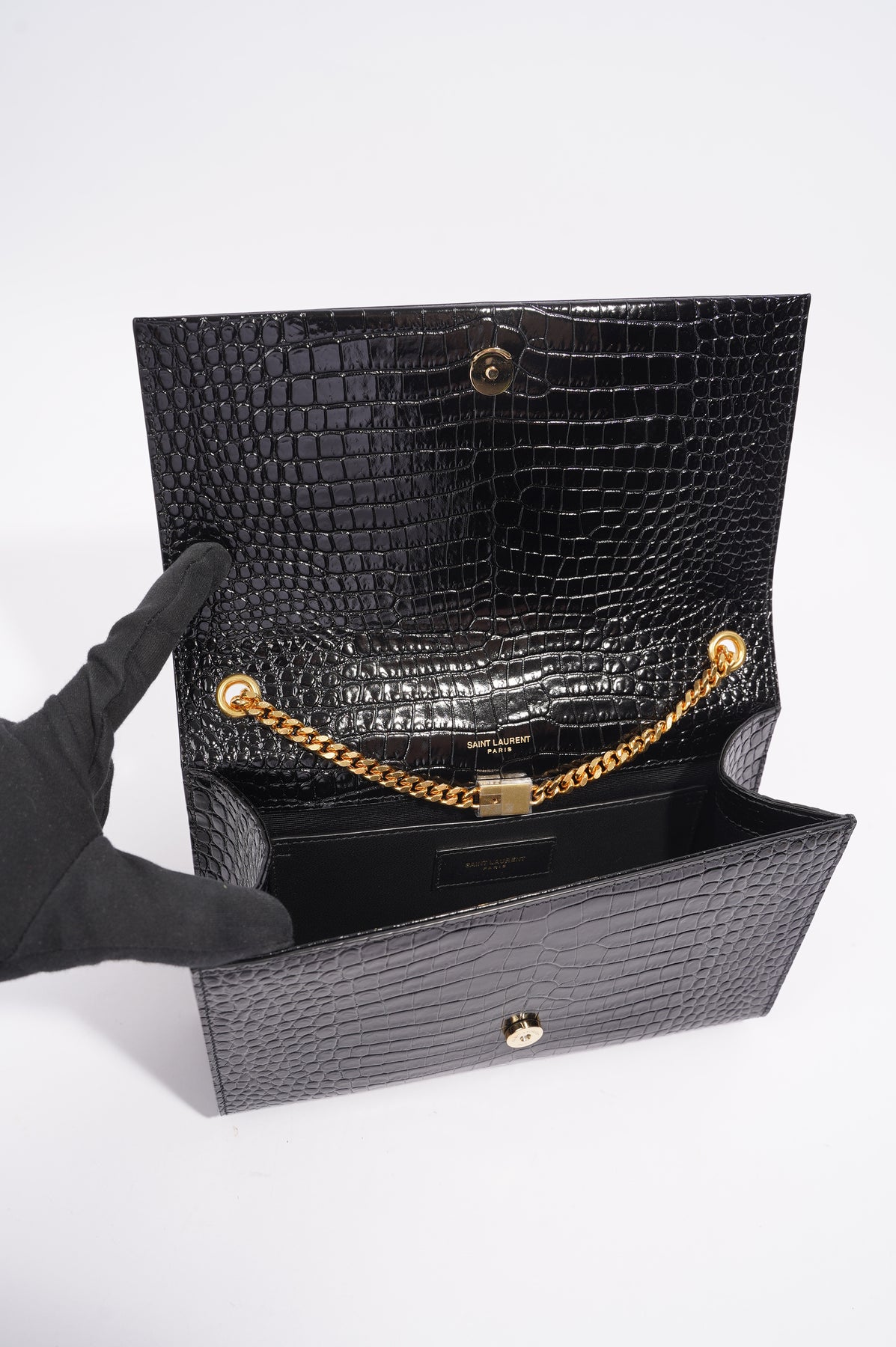 Saint Laurent Womens Kate Tassle Bag Black Croc / Gold Medium