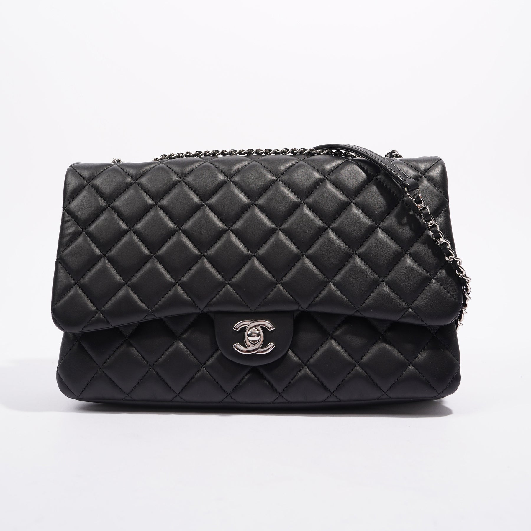 CHANEL  BLACK QUILTED NYLON AND LEATHER WITH SILVER